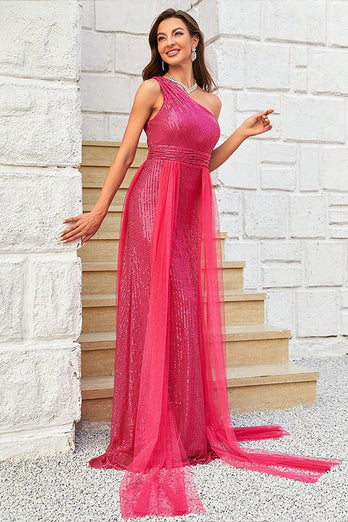 Hot Pink One Shoulder Sparkly Formal Dress