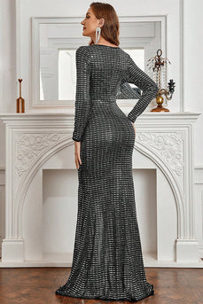 Long Sleeves Black Sparkly Formal Dress with Slit