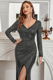 Long Sleeves Black Sparkly Formal Dress with Slit