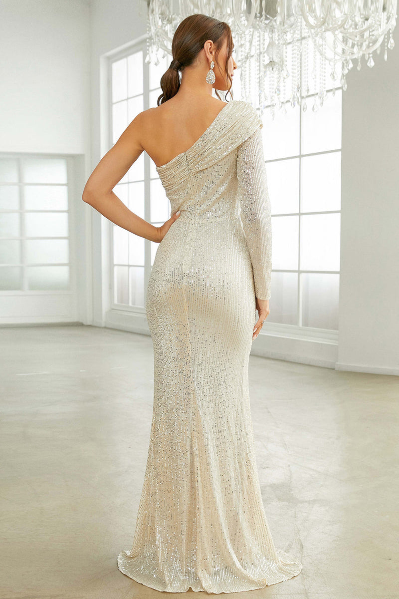 Load image into Gallery viewer, One Shoulder Long Sleeves Sparkly Formal Dress with Slit