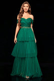 Off the Shoulder Dark Green Tiered Formal Dress with Ruffles