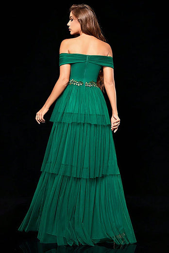 Off the Shoulder Dark Green Tiered Formal Dress with Ruffles