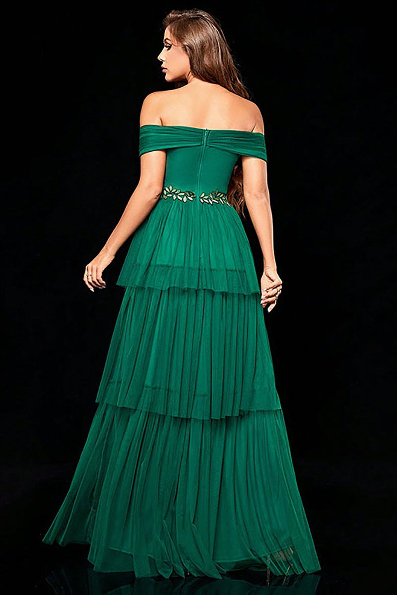 Load image into Gallery viewer, Off the Shoulder Dark Green Tiered Formal Dress with Ruffles
