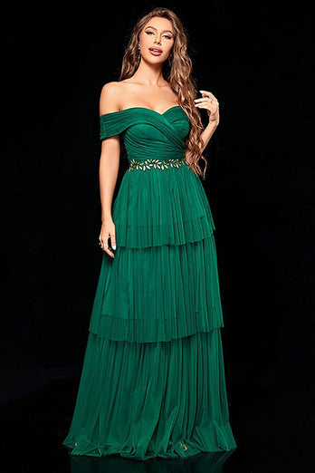 Off the Shoulder Dark Green Tiered Formal Dress with Ruffles