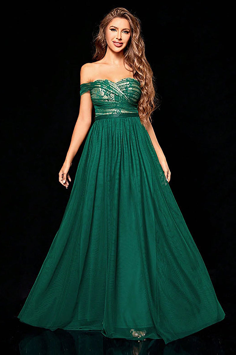 Load image into Gallery viewer, Dark Green A Line Tulle Off the Shoulder Formal Dress