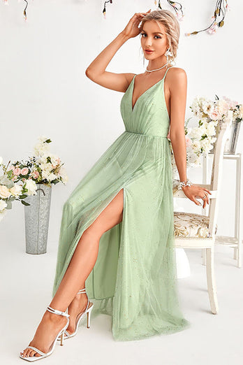 A-Line Tulle Light Green Spaghetti Straps Formal Dress with Slit