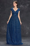 Sparkly A-Line V-Neck Grey Blue Long Formal Dress