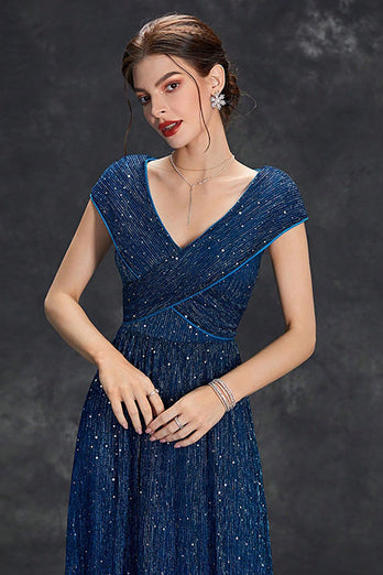 Sparkly A-Line V-Neck Grey Blue Long Formal Dress