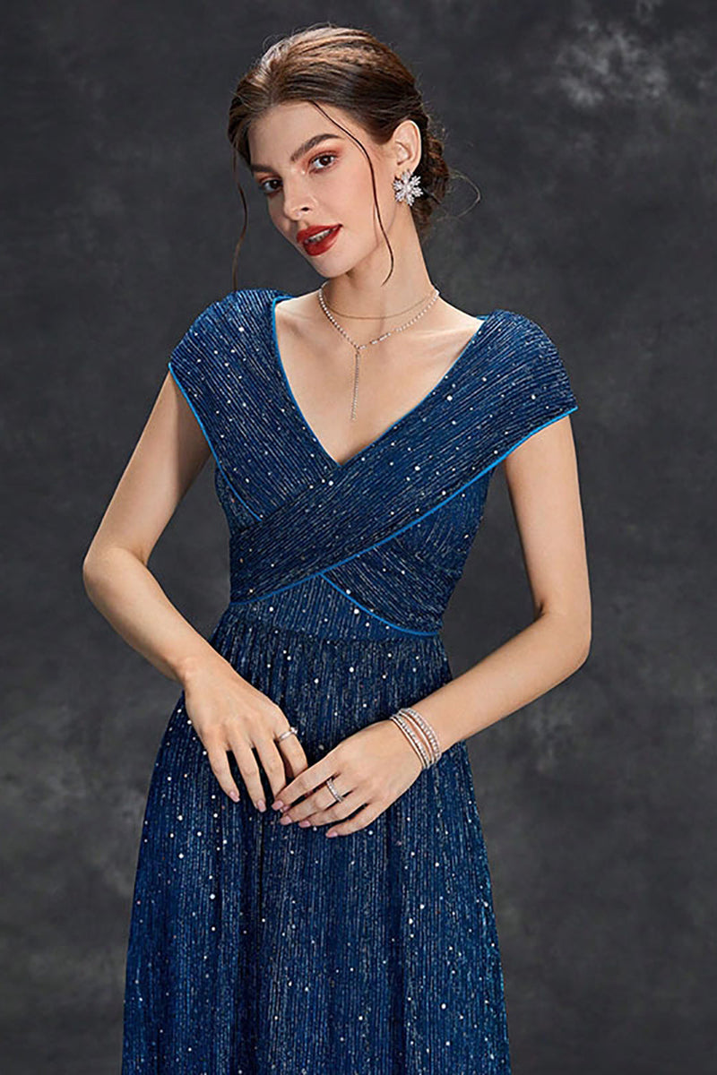 Load image into Gallery viewer, Sparkly A-Line V-Neck Grey Blue Long Formal Dress