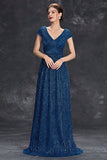 Sparkly A-Line V-Neck Grey Blue Long Formal Dress