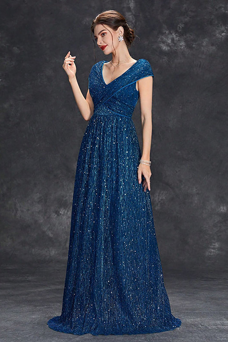 Load image into Gallery viewer, Sparkly A-Line V-Neck Grey Blue Long Formal Dress
