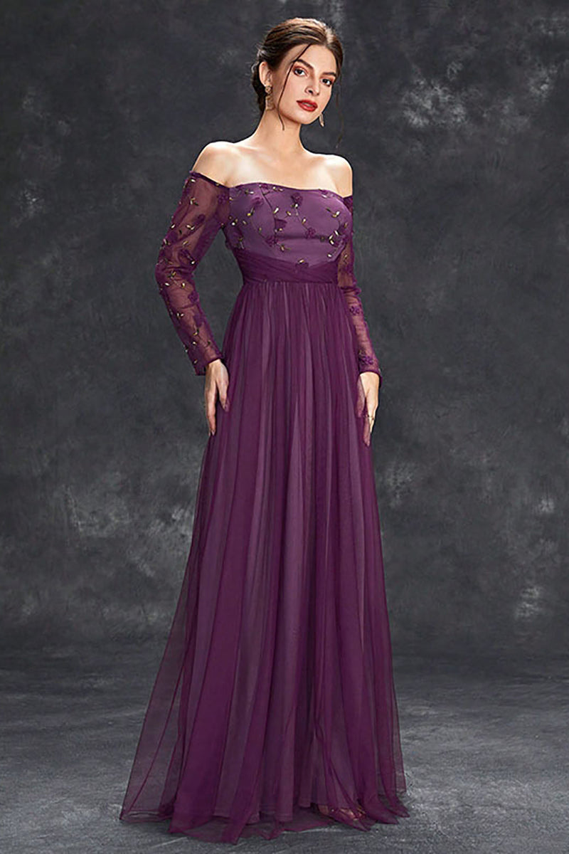 Load image into Gallery viewer, Dark Purple Tulle Off The Shoulder Formal Dress with Sleeves