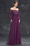 Dark Purple Tulle Off The Shoulder Formal Dress with Sleeves