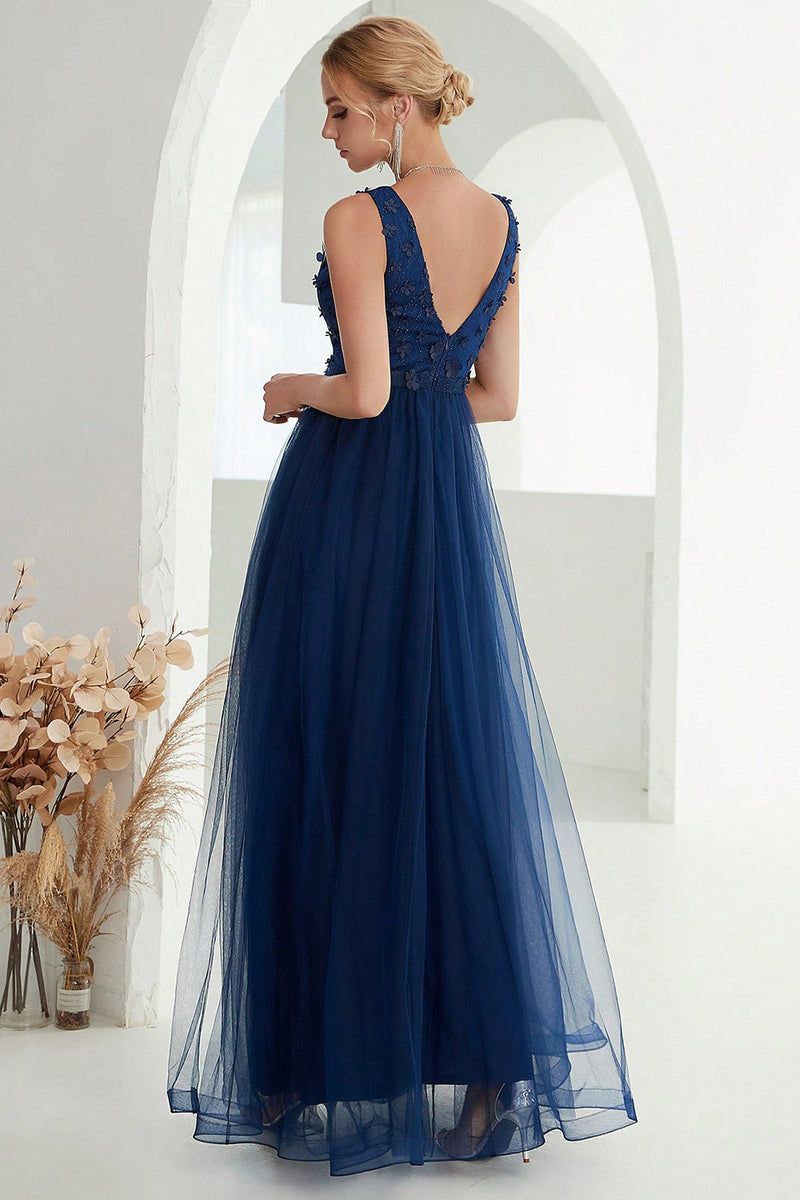 Load image into Gallery viewer, Navy A Line Tulle Long Formal Dress With Slit