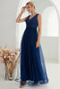 Load image into Gallery viewer, Navy A Line Tulle Long Formal Dress With Slit