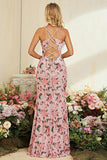 Sheath Flower Printed Blush Wedding Party Dress with Slit