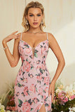 Sheath Flower Printed Blush Wedding Party Dress with Slit