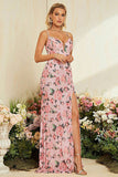 Sheath Flower Printed Blush Wedding Party Dress with Slit