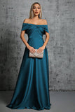 Peacock Blue Satin Off The Shoulder Formal Dress