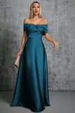 Peacock Blue Satin Off The Shoulder Formal Dress