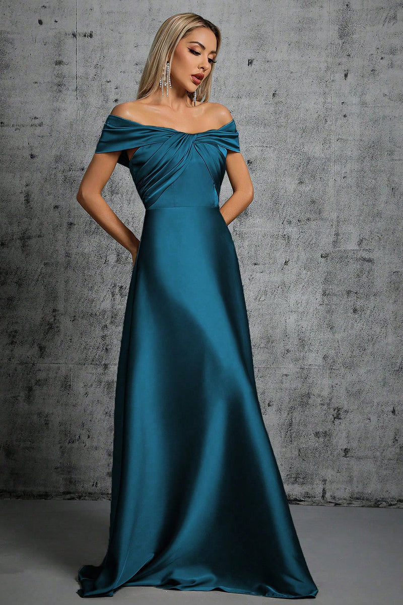 Load image into Gallery viewer, Peacock Blue Satin Off The Shoulder Formal Dress