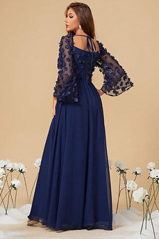 Navy A Line Corset Formal Dress With Long Sleeves