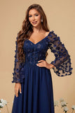 Navy A Line Corset Formal Dress With Long Sleeves