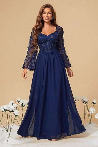 Navy A Line Corset Formal Dress With Long Sleeves