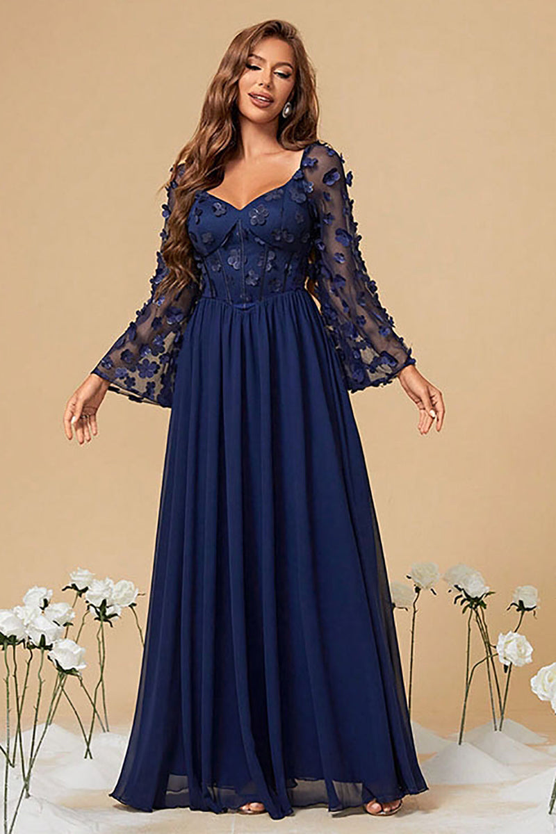 Load image into Gallery viewer, Navy A Line Corset Formal Dress With Long Sleeves