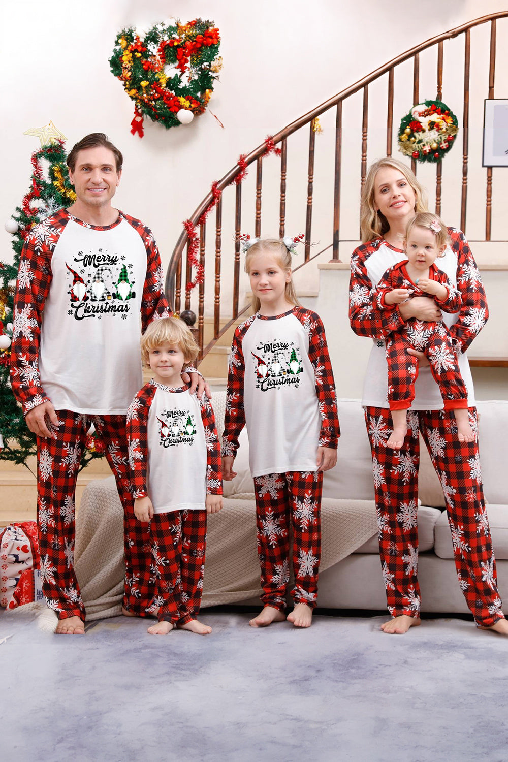 Red Plaid Matching Family Christmas Pajamas with Snowflake