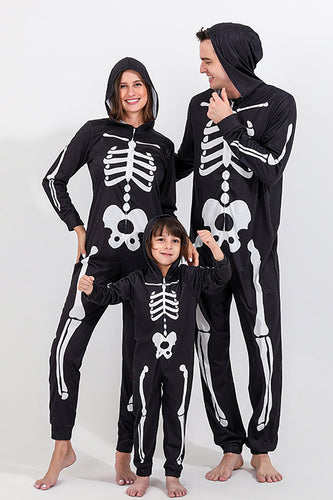 Family Cozy Skeleton Black Print Zip Up Hoodie Onesie