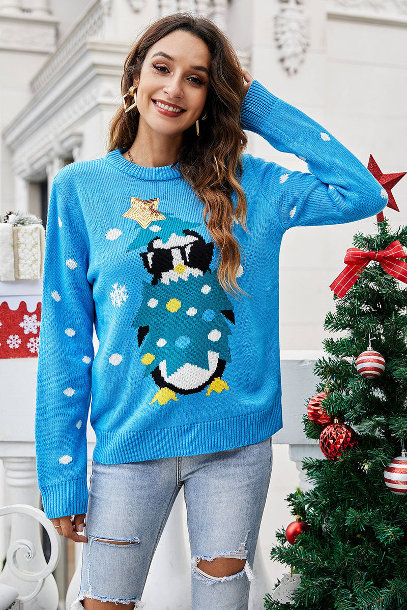 Load image into Gallery viewer, Christmas Blue Penguin Knitted Pullover Sweater