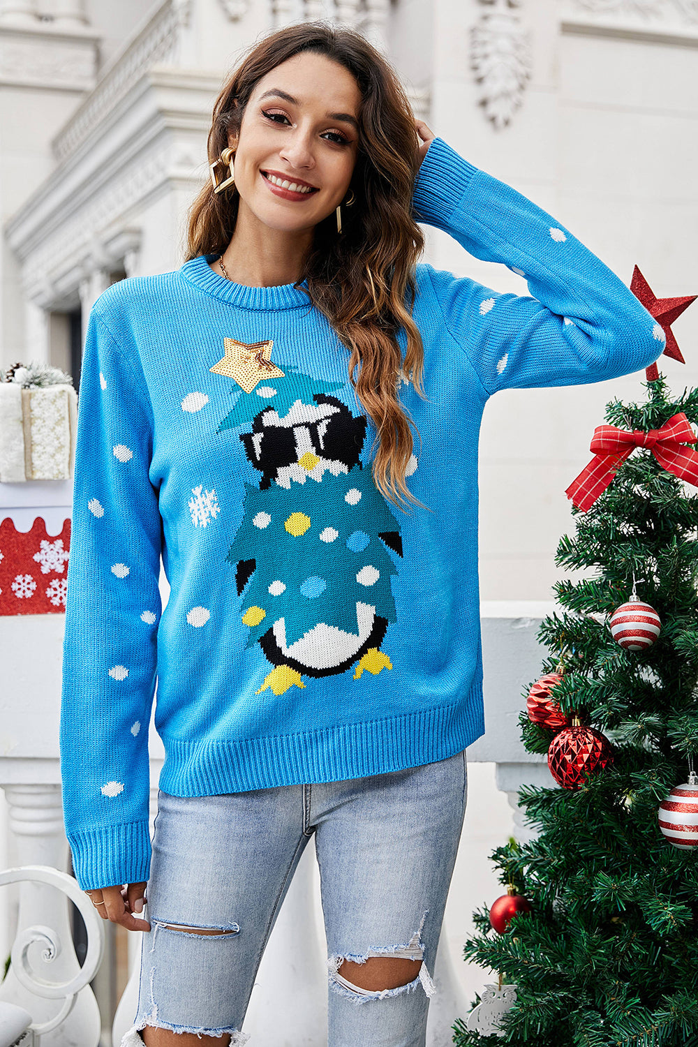 Christmas Blue Penguin Knitted Pullover Sweater