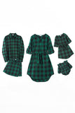 Family Matching Outfits Dark Green Plaid Bowknot Dresses and Long Sleeves T-Shirt