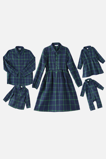 Dark Green Plaid Dresses and Long Sleeves T-Shirt Family Matching Outfits