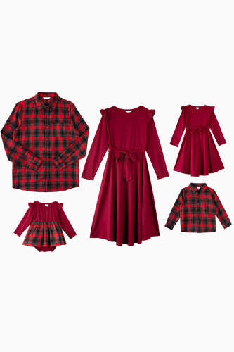 Burgundy Plaid Dresses and Long Sleeves T-Shirt Family Matching Outfits