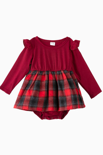 Burgundy Plaid Dresses and Long Sleeves T-Shirt Family Matching Outfits