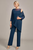 Navy Long Sleeves 3 Pieces Mother of the Bride Pant Suits