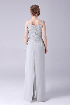 Silver Chiffon Pant and Lace Top Mother of The Bride Pant Suits