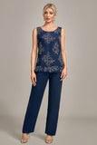 Navy 3 Piece Mother of the Bride Pant Suits with Appliques