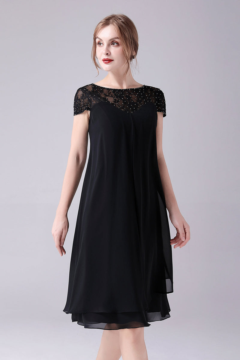 Load image into Gallery viewer, Black A-Line Cap Sleeves Knee Length Mother of the Bride Dress