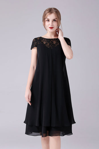 Black A-Line Cap Sleeves Knee Length Mother of the Bride Dress