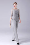 Silver 2 Pieces Slim Elegant Mother of the Bride Pant Suits