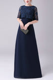 Navy Short Sleeves A-Line Chiffon Floor Length Mother of the Bride Dress