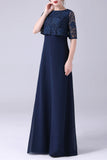 Navy Short Sleeves A-Line Chiffon Floor Length Mother of the Bride Dress