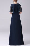 Navy Short Sleeves A-Line Chiffon Floor Length Mother of the Bride Dress