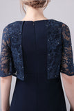 Navy Short Sleeves A-Line Chiffon Floor Length Mother of the Bride Dress