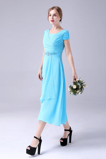 Sky Blue A-Line Square Neck Mother Of the Bride Dress With Pleated