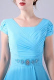 Sky Blue A-Line Square Neck Mother Of the Bride Dress With Pleated