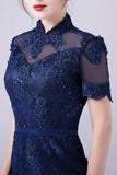 Navy Mermaid Beaded Knee-Length Mother Of the Bride Dress With Appliques